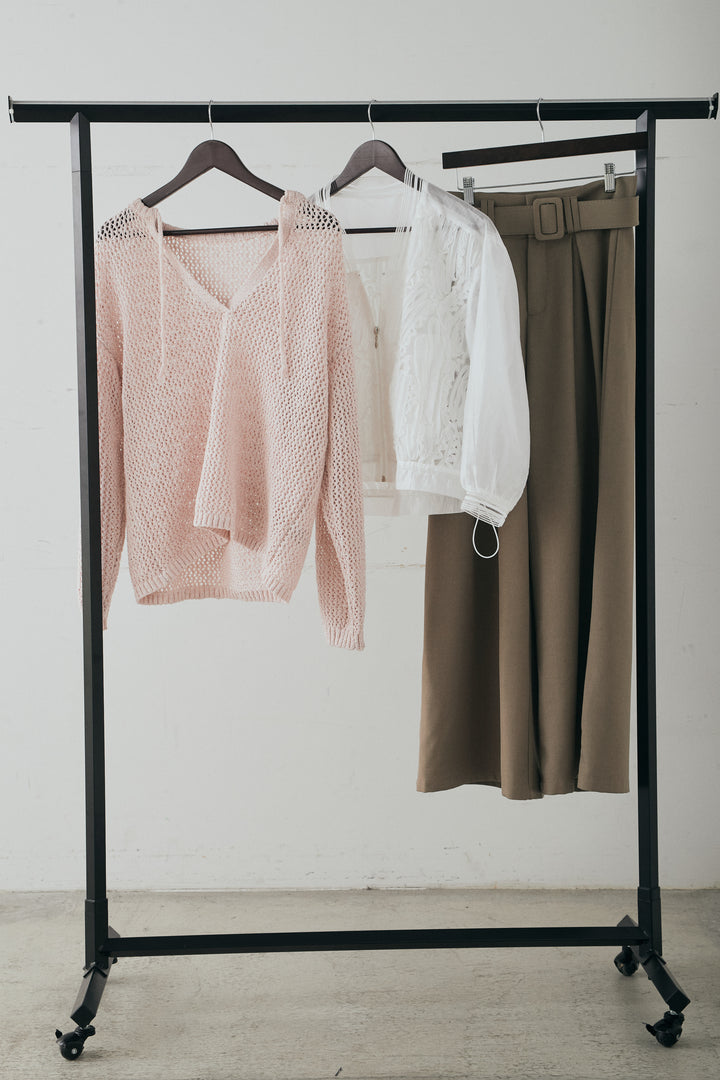 【着回しセット】[SET]ミックスメッシュキーネックプルオーバー+モチーフ付きシアーブルゾン+ベルト付きツータックワイドパンツ(3set)