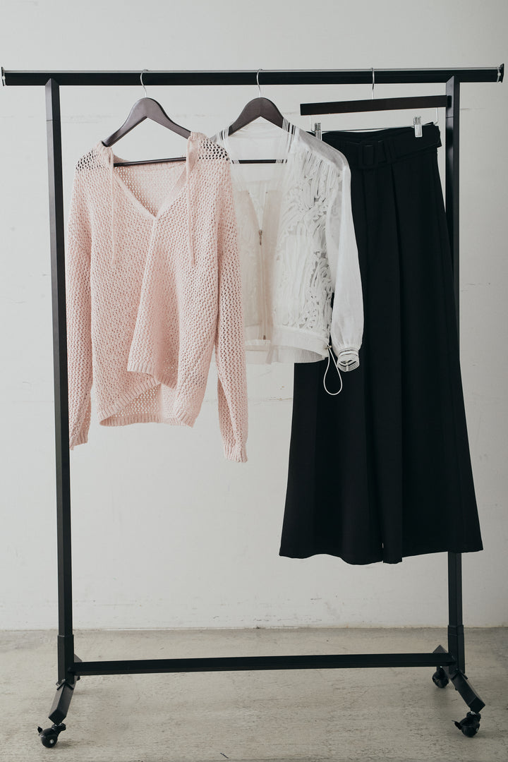 【着回しセット】[SET]ミックスメッシュキーネックプルオーバー+モチーフ付きシアーブルゾン+ベルト付きツータックワイドパンツ(3set)