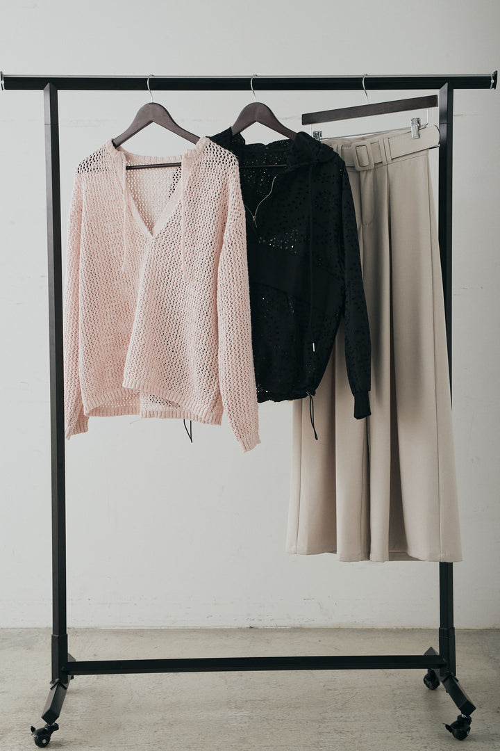 【着回しセット】[SET]ミックスメッシュキーネックプルオーバー+レースハーフジップアップフーディー +ベルト付きツータックワイドパンツ(3set)