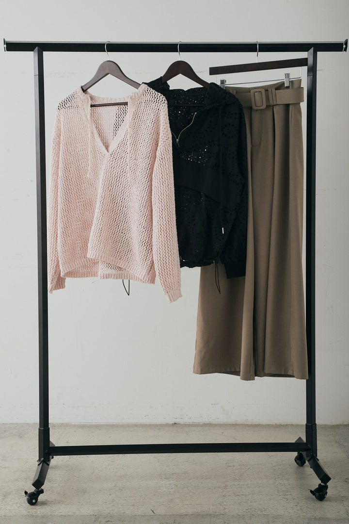 【着回しセット】[SET]ミックスメッシュキーネックプルオーバー+レースハーフジップアップフーディー +ベルト付きツータックワイドパンツ(3set)