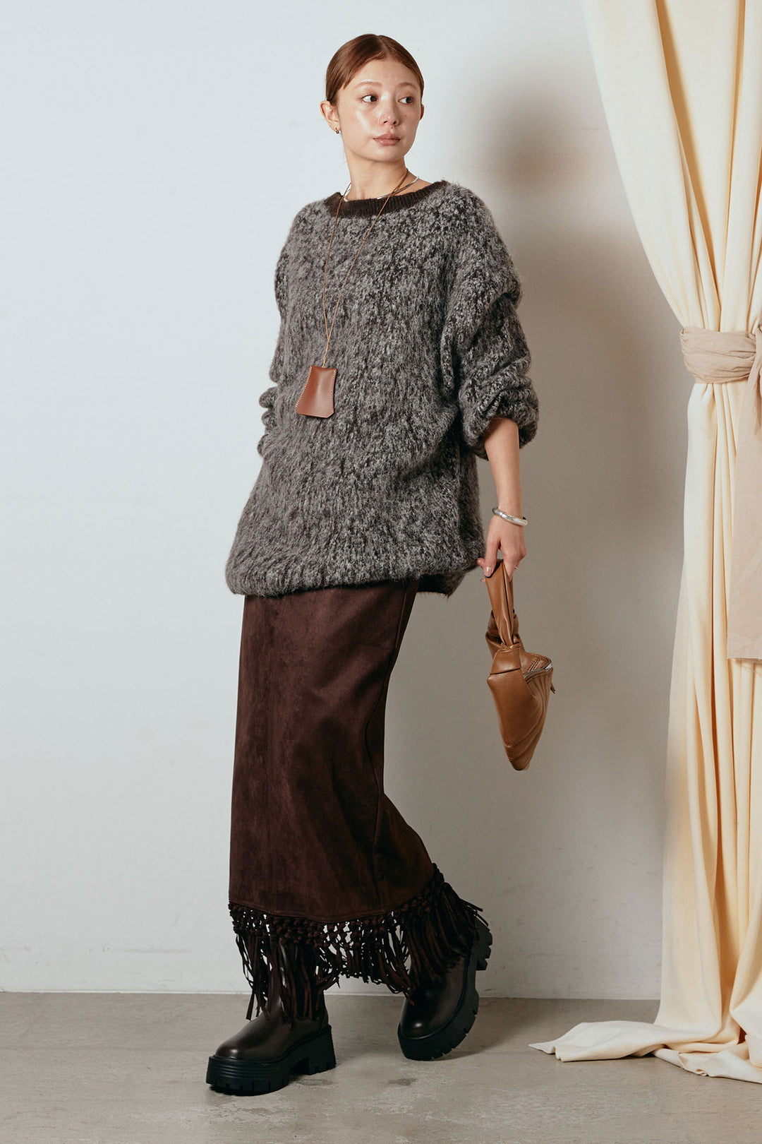[SET]ボリュームスリーブミックスニットトップス+スウェードライク裾フリンジスカート(2set)