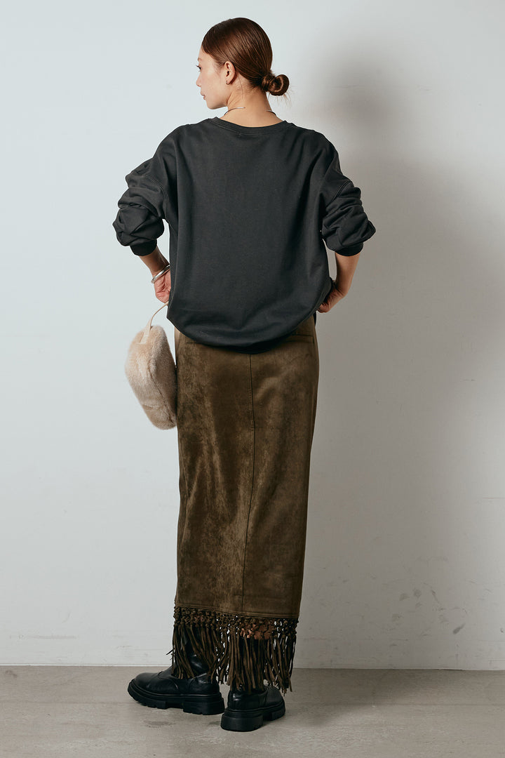 [SET]裏毛カレッジプリントプルオーバー+スウェードライク裾フリンジスカート(2set)