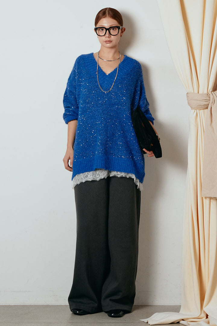 [SET]Vネックルーズラメニットトップス+レース切り替えキャミソール(2set)