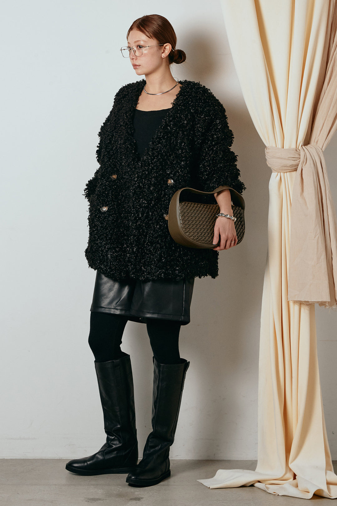 [SET]シープライクファージャケット+ストレッチエコレザーバミューダパンツ(2set)