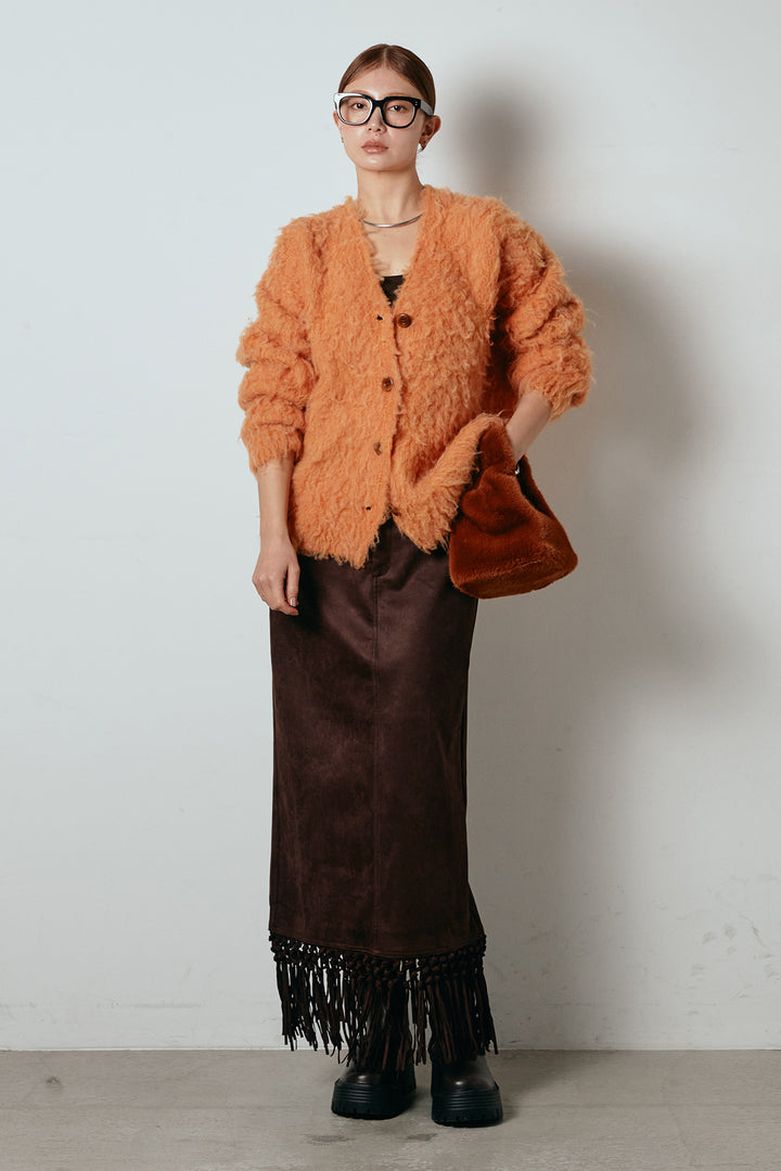 [SET]ルーズシャギーニットカーディガン+スウェードライク裾フリンジスカート(2set)