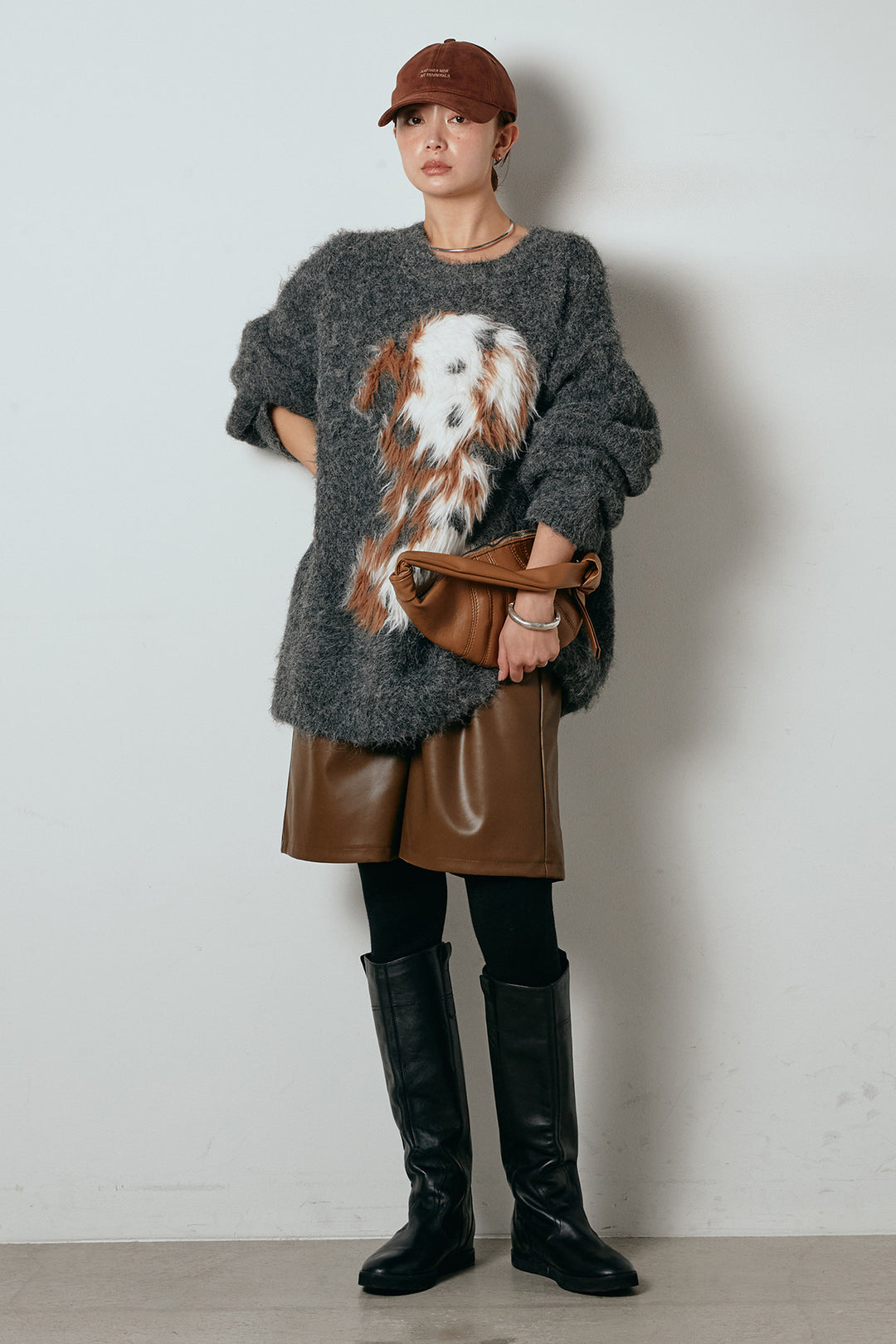 [SET]シャギーニュアンスアニマルニット+ストレッチエコレザーバミューダパンツ(2set)