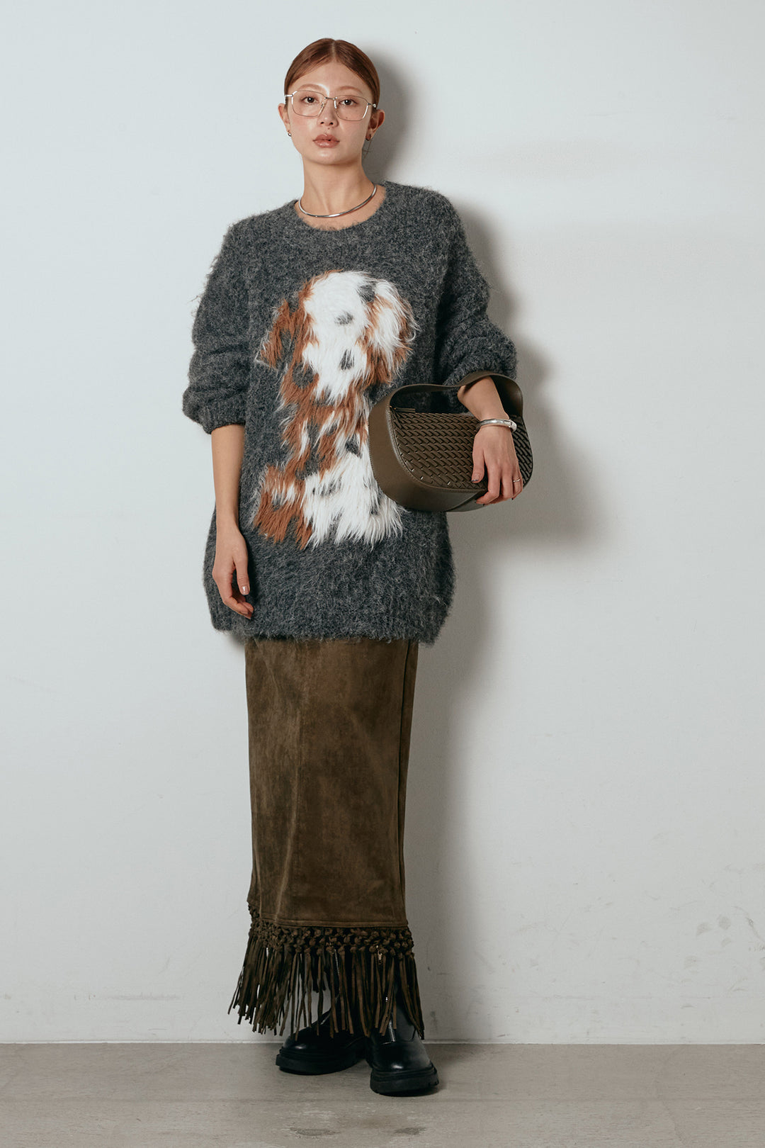[SET]シャギーニュアンスアニマルニット+スウェードライク裾フリンジスカート(2set)