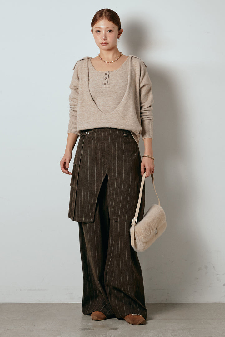 [SET]襟付きレイヤードニットトップス+細ストライプレイヤードデザインパンツ(2set)