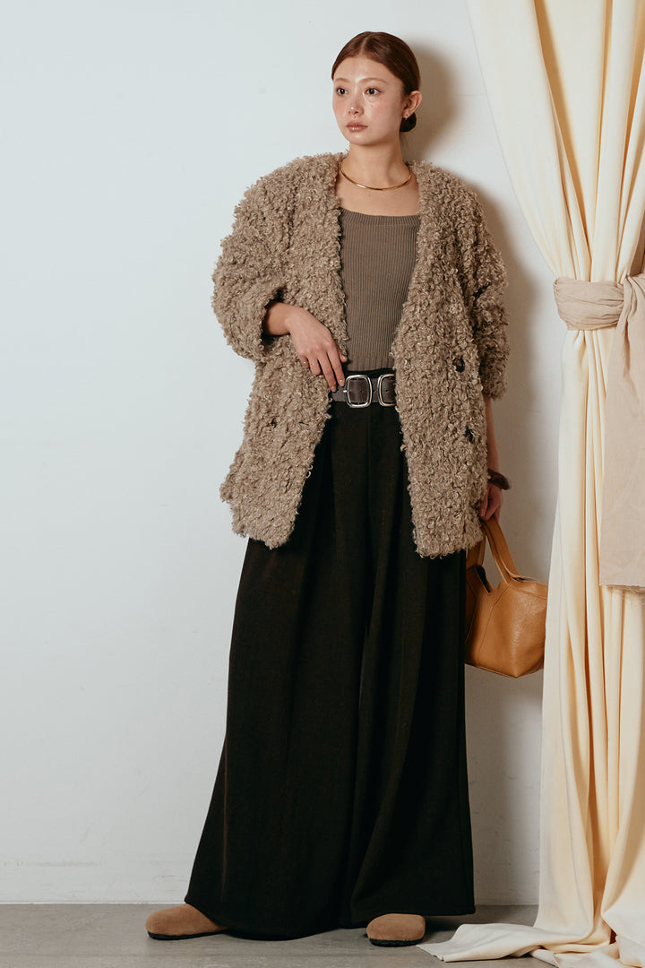 [SET]シープライクファージャケット+フェイクレザー太ベルト付きタックワイドパンツ(2set)