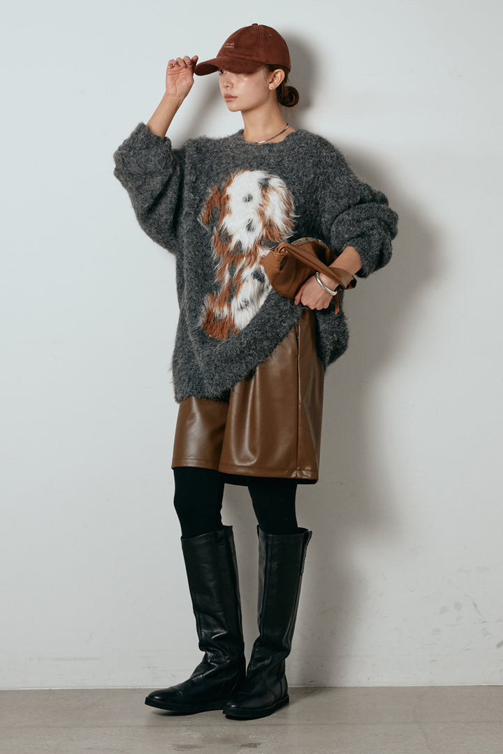 [SET]シャギーニュアンスアニマルニット+ストレッチエコレザーバミューダパンツ(2set)