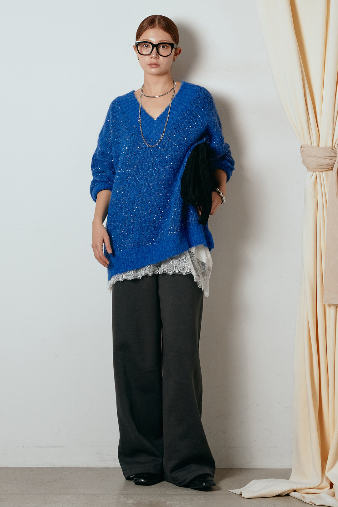 [SET]Vネックルーズラメニットトップス+裏起毛スウェットワイドパンツ(2set)