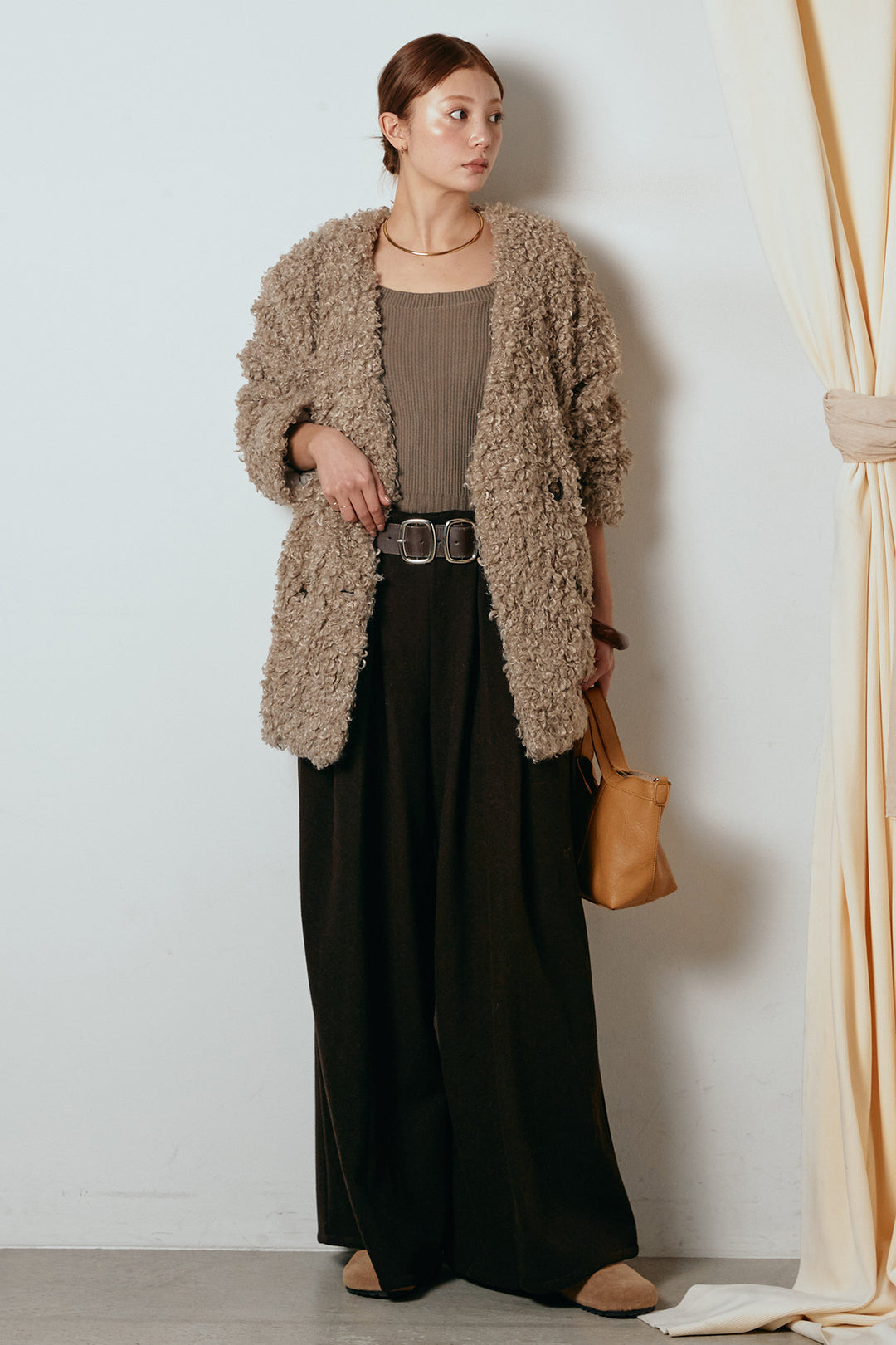 [SET]シープライクファージャケット+フェイクレザー太ベルト付きタックワイドパンツ(2set)