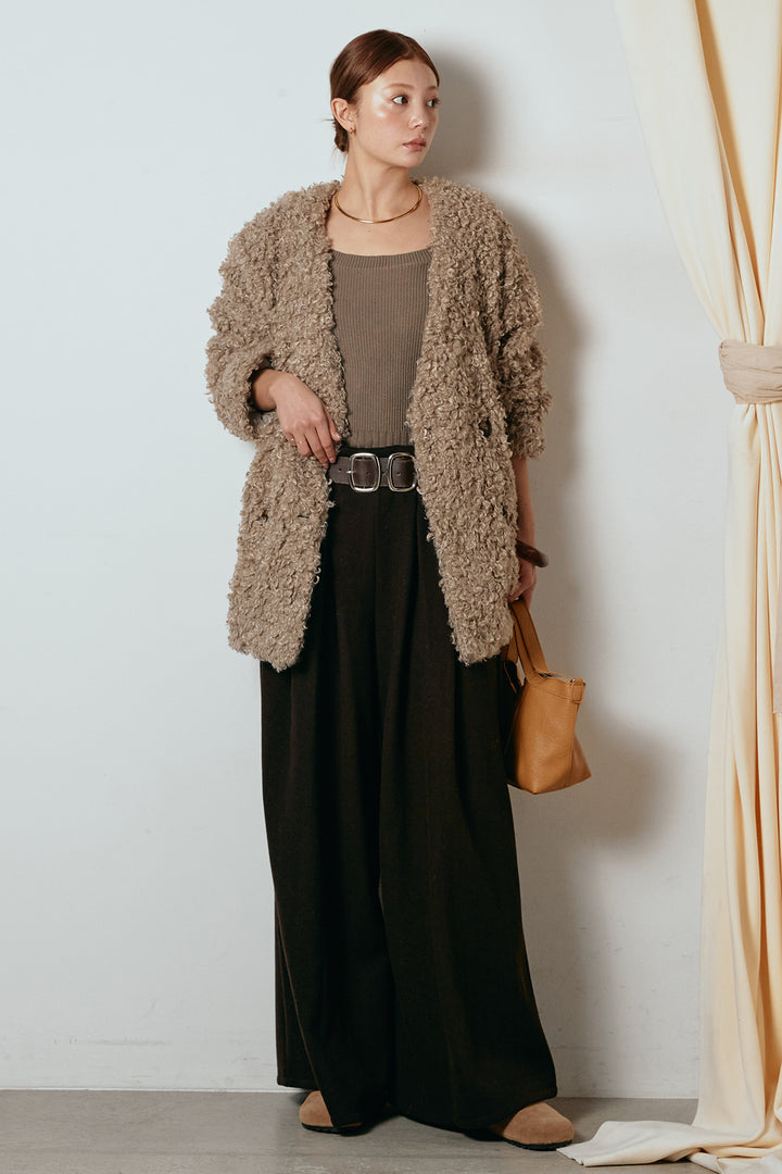 [SET]シープライクファージャケット+フェイクレザー太ベルト付きタックワイドパンツ(2set)