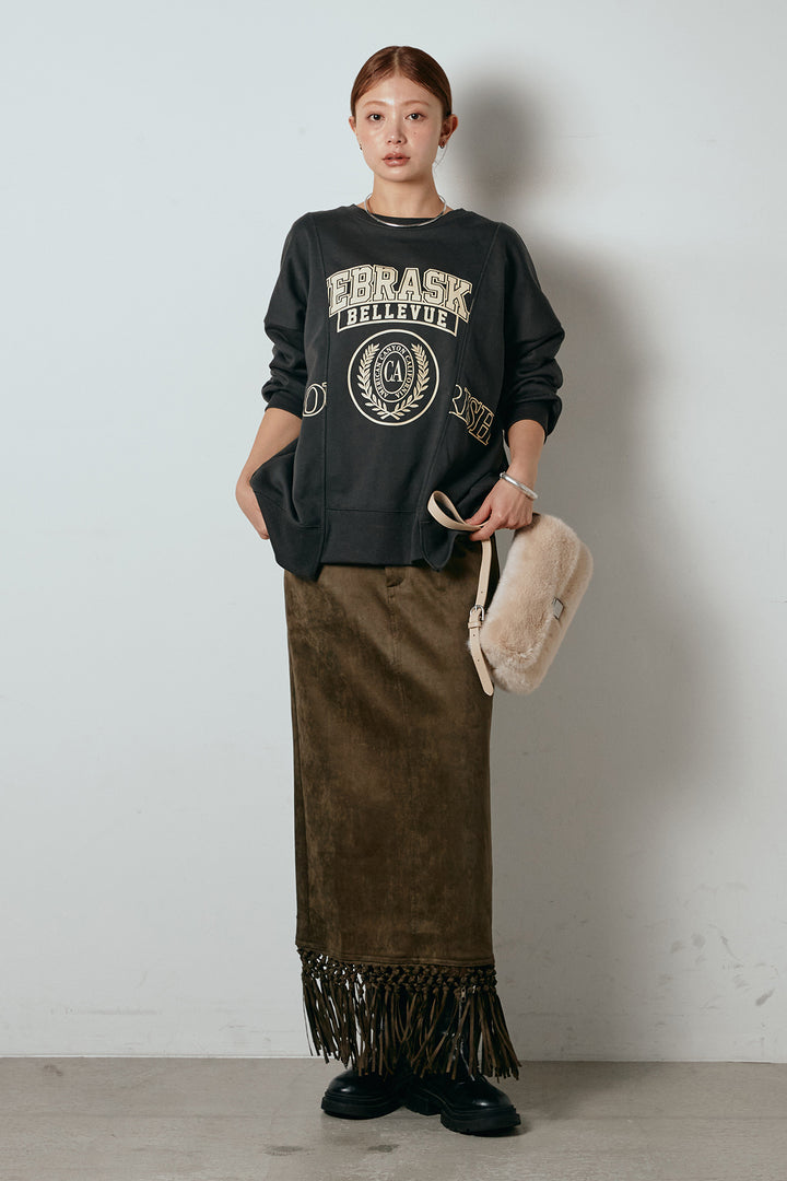 [SET]裏毛カレッジプリントプルオーバー+スウェードライク裾フリンジスカート(2set)