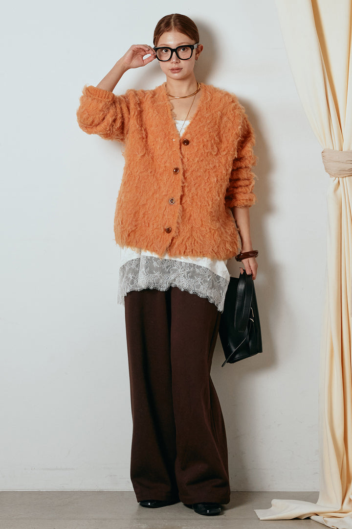 [SET]ルーズシャギーニットカーディガン+裏起毛スウェットワイドパンツ(2set)