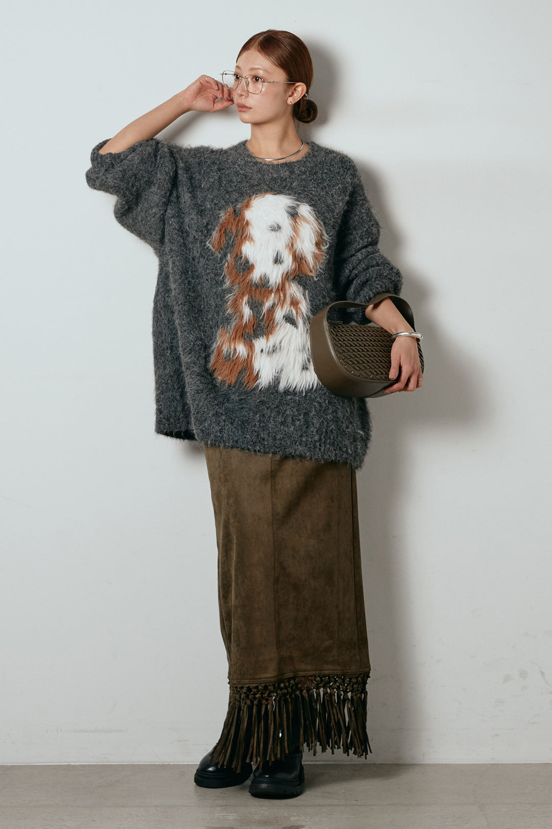 [SET]シャギーニュアンスアニマルニット+スウェードライク裾フリンジスカート(2set)