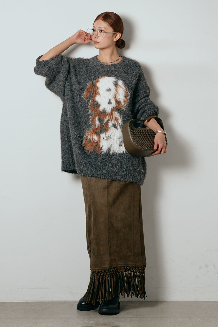 [SET]シャギーニュアンスアニマルニット+スウェードライク裾フリンジスカート(2set)