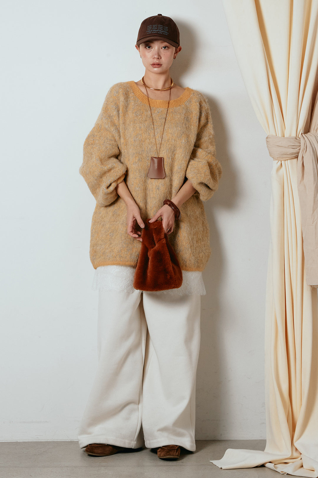 [SET]ボリュームスリーブミックスニットトップス+裏起毛スウェットワイドパンツ(2set)