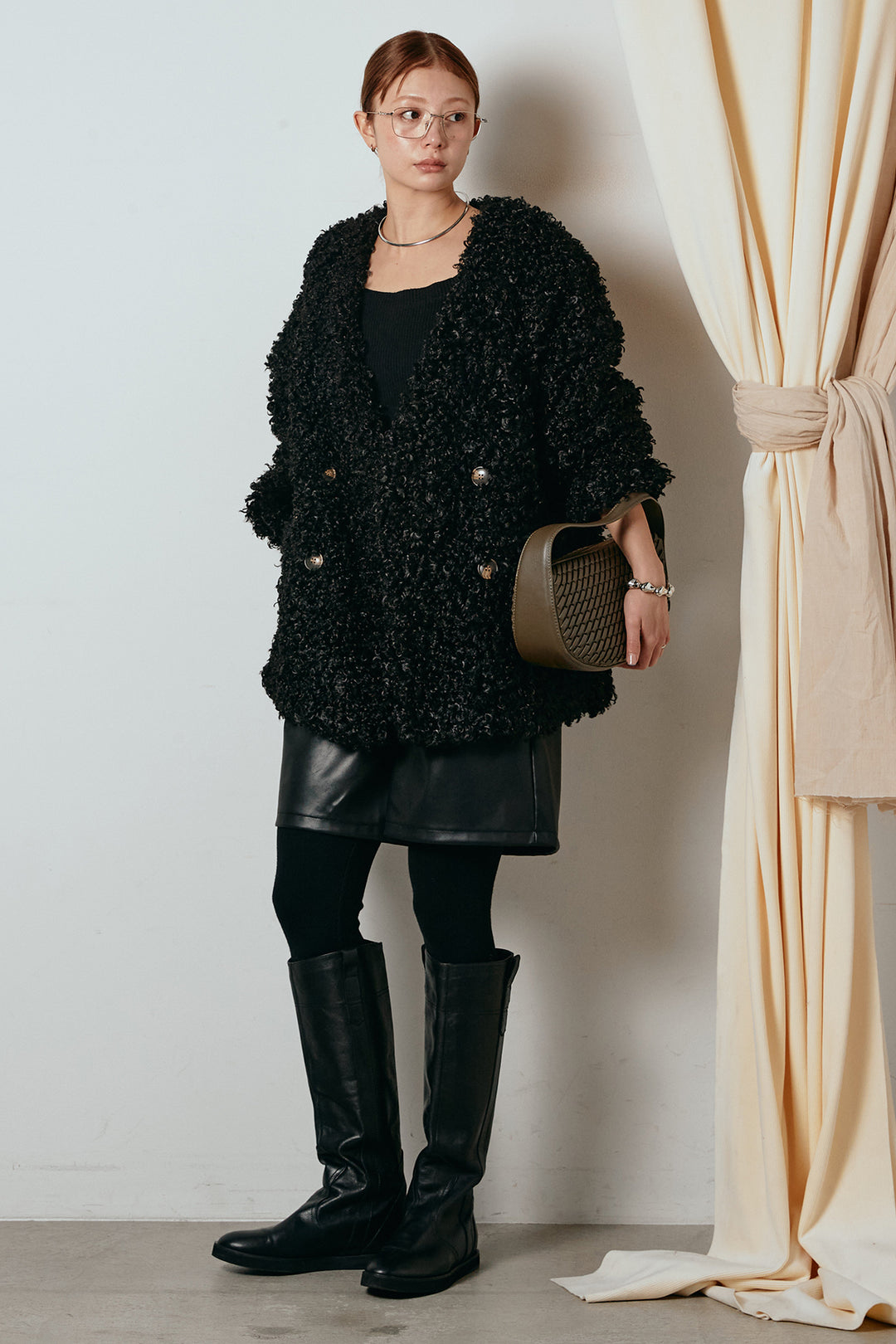 [SET]シープライクファージャケット+ストレッチエコレザーバミューダパンツ(2set)