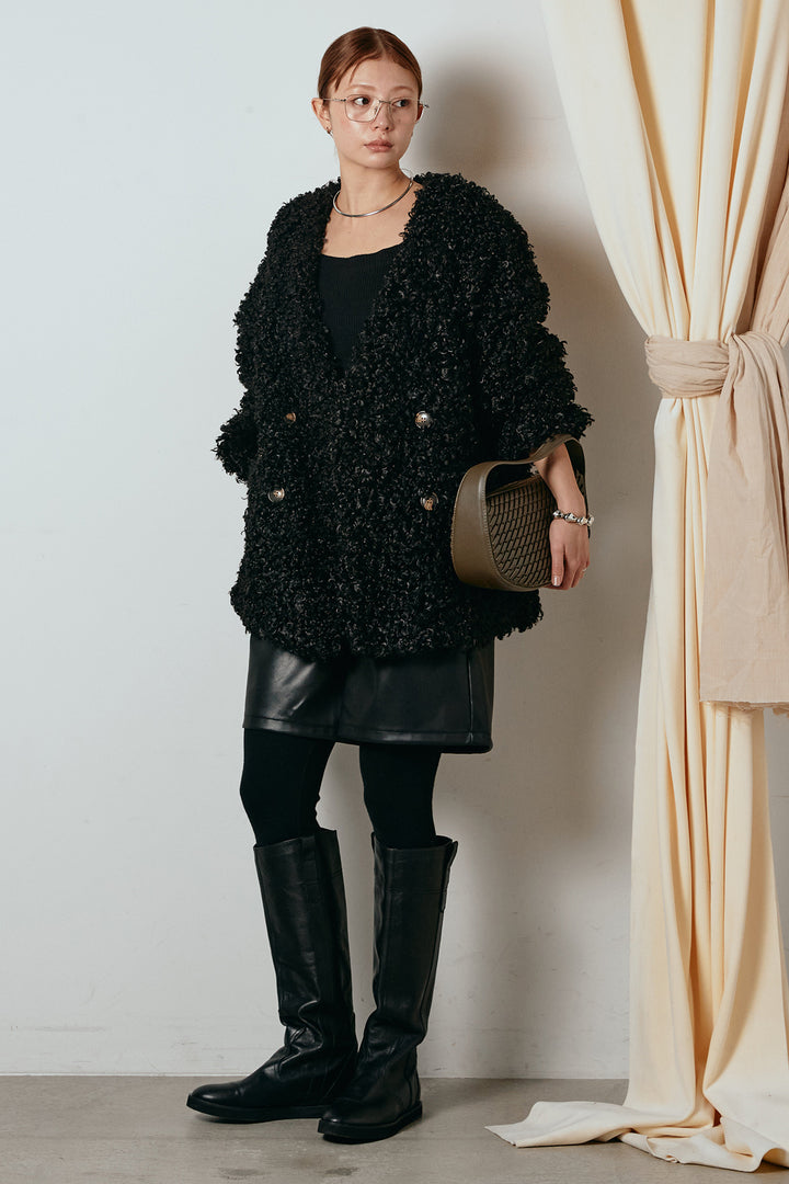 [SET]シープライクファージャケット+ストレッチエコレザーバミューダパンツ(2set)