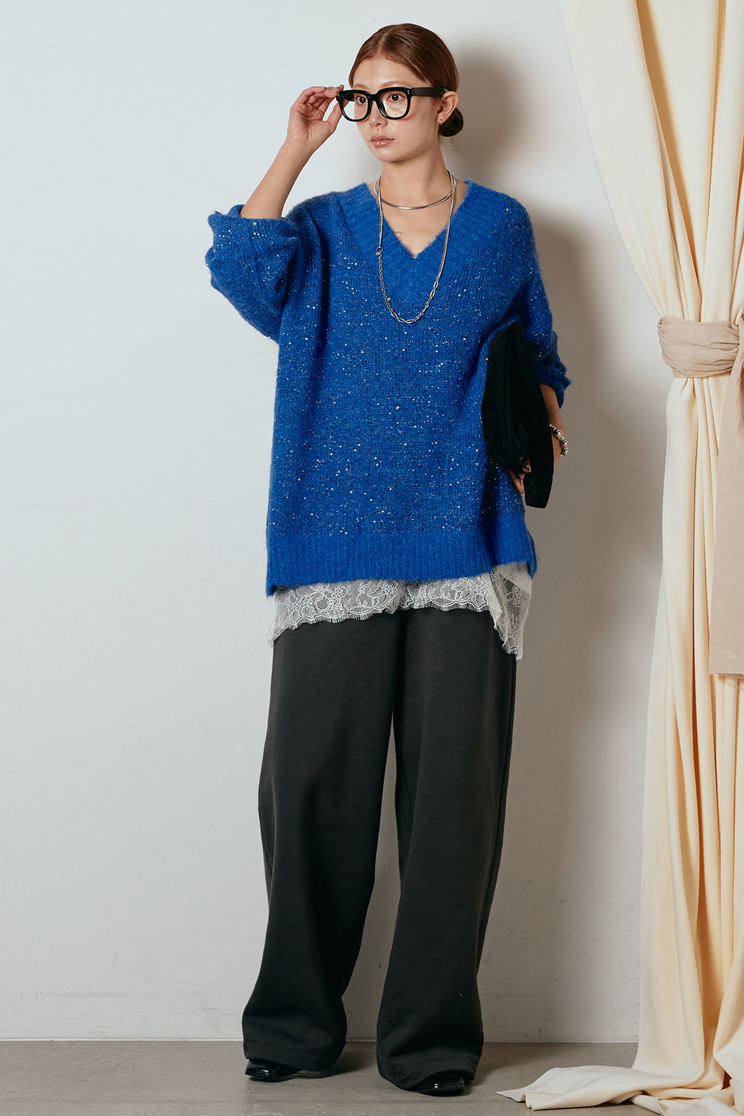 [SET]Vネックルーズラメニットトップス+裏起毛スウェットワイドパンツ(2set)