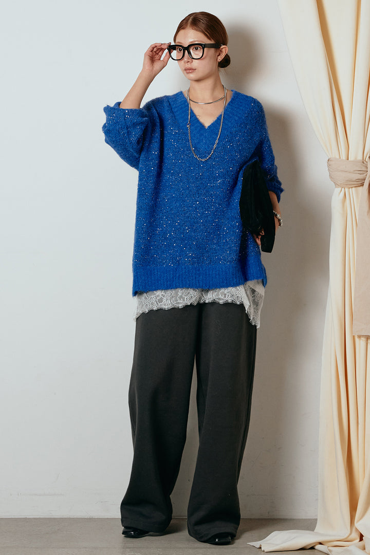 [SET]Vネックルーズラメニットトップス+裏起毛スウェットワイドパンツ(2set)