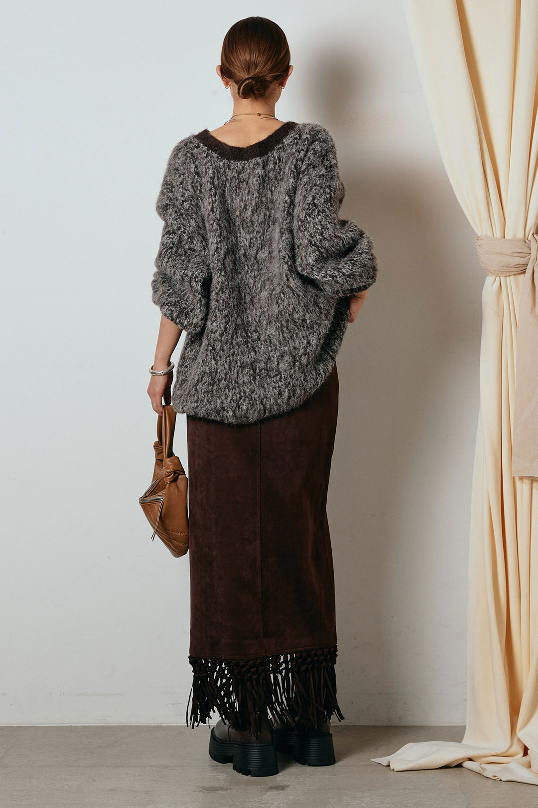 [SET]ボリュームスリーブミックスニットトップス+スウェードライク裾フリンジスカート(2set)