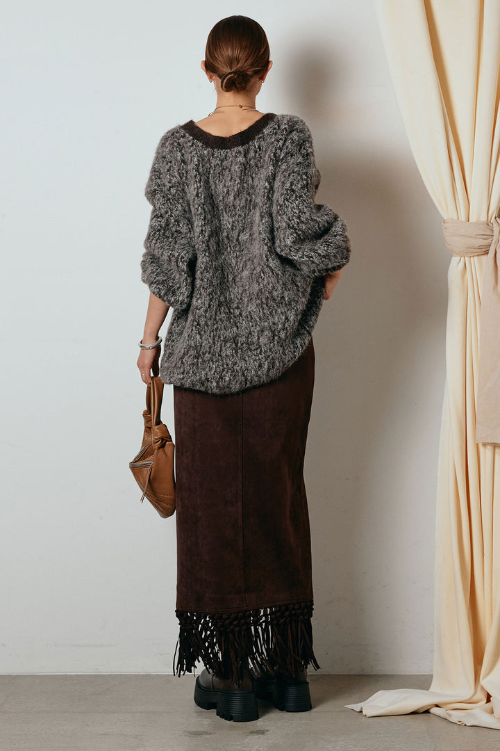 [SET]ボリュームスリーブミックスニットトップス+スウェードライク裾フリンジスカート(2set)
