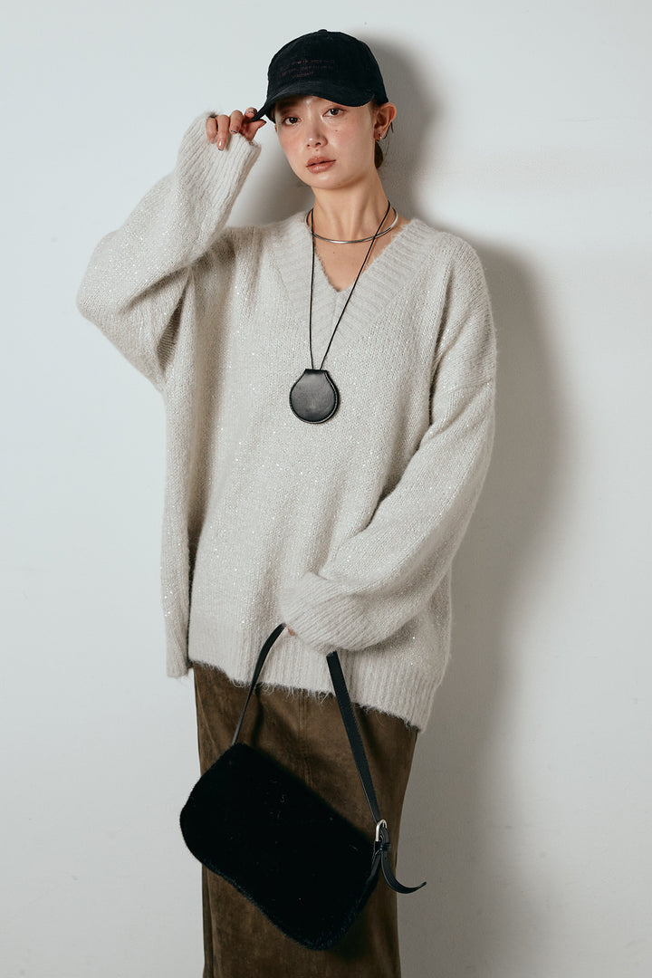 [SET]Vネックルーズラメニットトップス+スウェードライク裾フリンジスカート(2set)