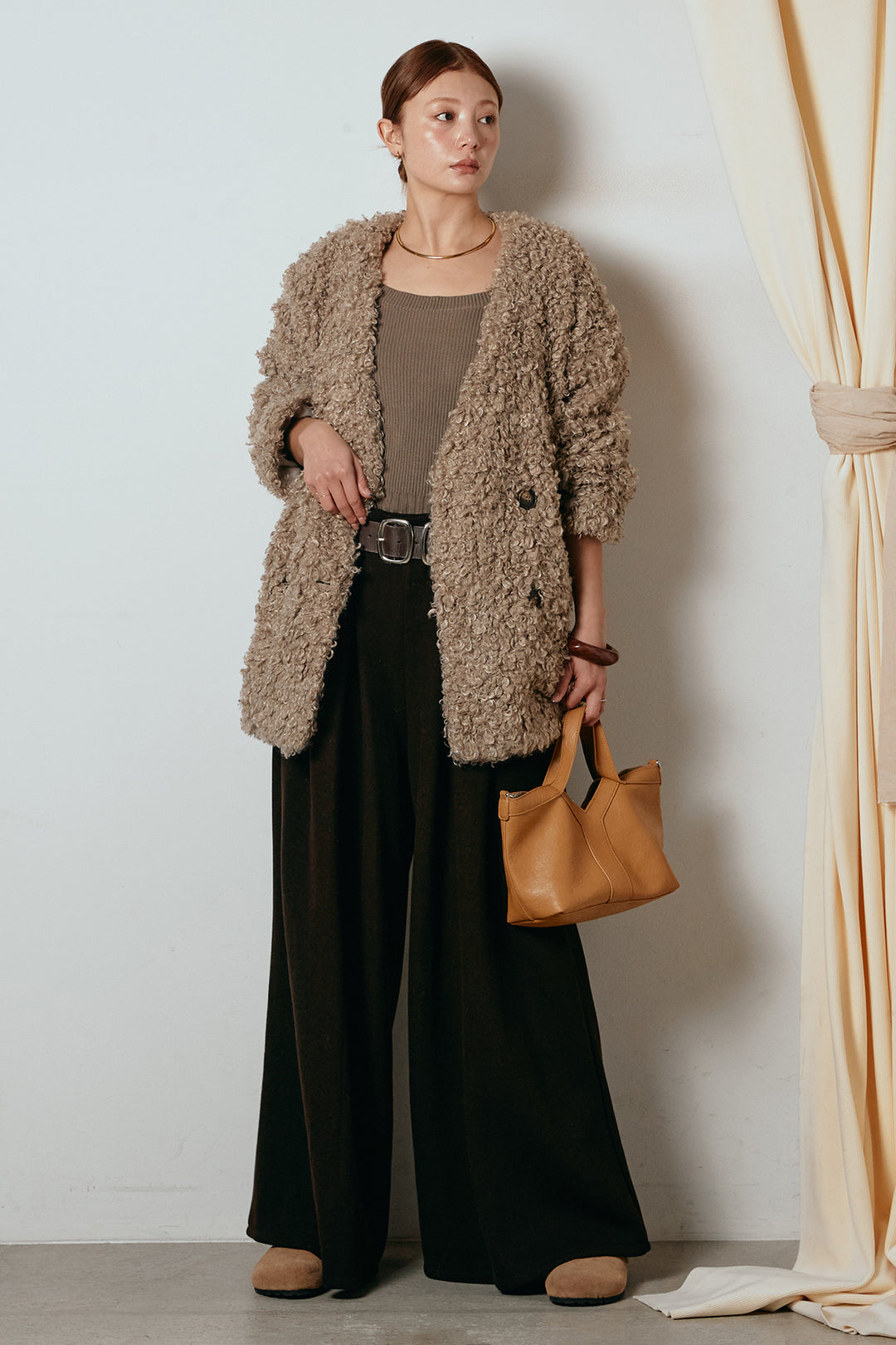 [SET]シープライクファージャケット+フェイクレザー太ベルト付きタックワイドパンツ(2set)