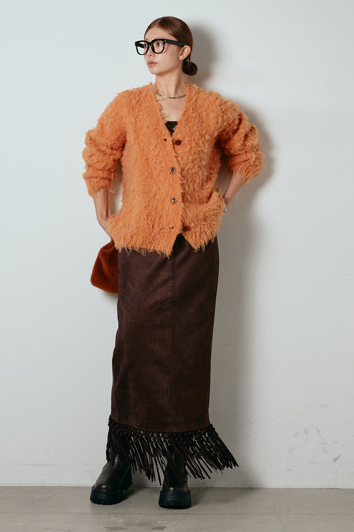 [SET]ルーズシャギーニットカーディガン+スウェードライク裾フリンジスカート(2set)