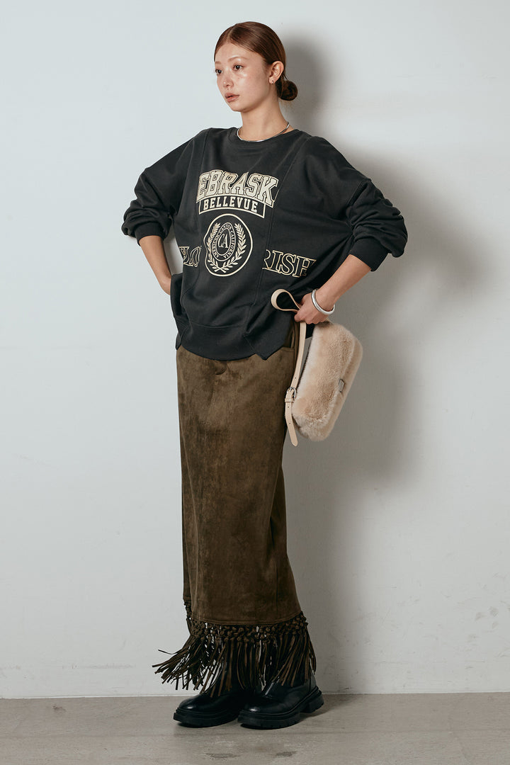 [SET]裏毛カレッジプリントプルオーバー+スウェードライク裾フリンジスカート(2set)