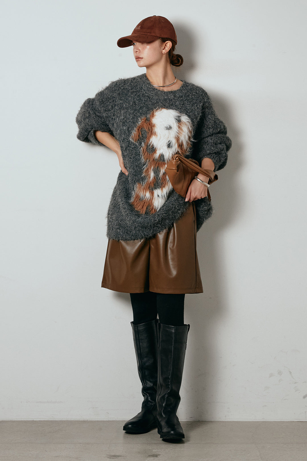 [SET]シャギーニュアンスアニマルニット+ストレッチエコレザーバミューダパンツ(2set)