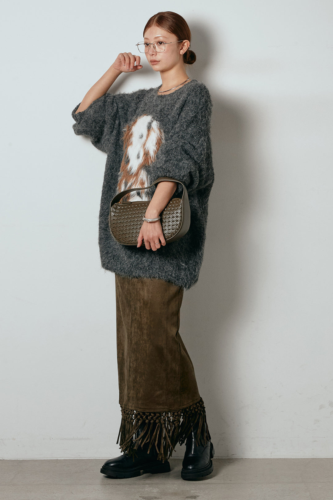 [SET]シャギーニュアンスアニマルニット+スウェードライク裾フリンジスカート(2set)