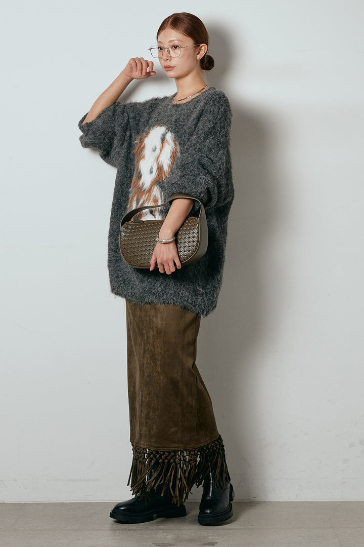 [SET]シャギーニュアンスアニマルニット+スウェードライク裾フリンジスカート(2set)