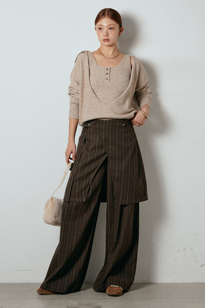 [SET]襟付きレイヤードニットトップス+細ストライプレイヤードデザインパンツ(2set)