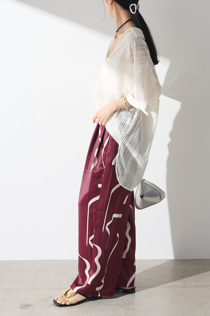 [SET]メッシュポロトップス+幾何学柄サテンワイドパンツ(2set)