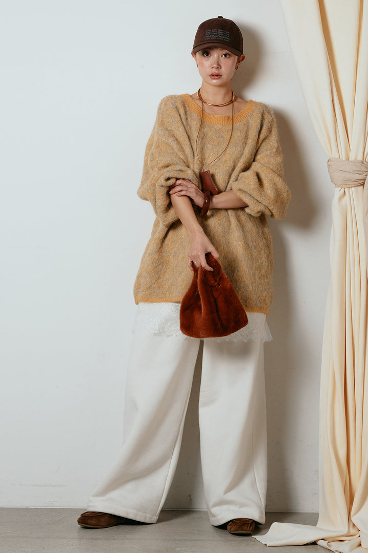 [SET]ボリュームスリーブミックスニットトップス+裏起毛スウェットワイドパンツ(2set)