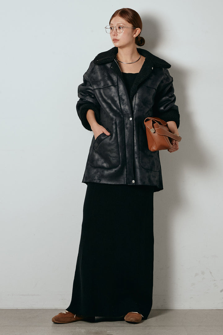 [SET]リバーシブルエコムートンコート+リブナローニットスカート(2set)