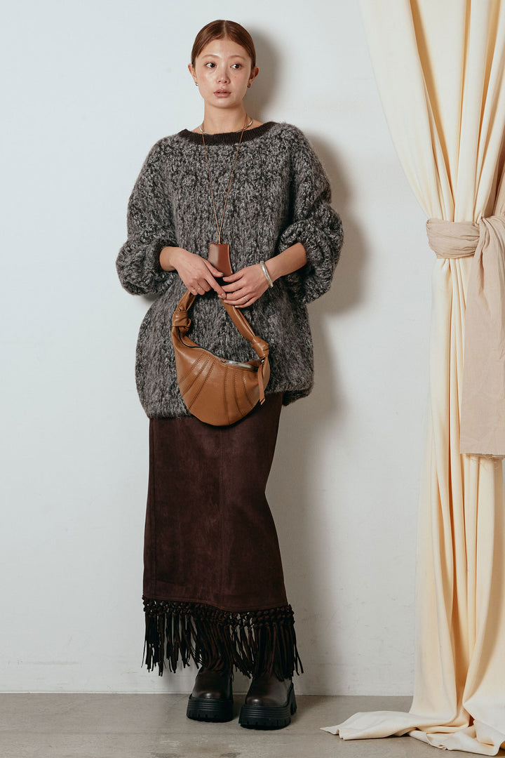 [SET]ボリュームスリーブミックスニットトップス+スウェードライク裾フリンジスカート(2set)