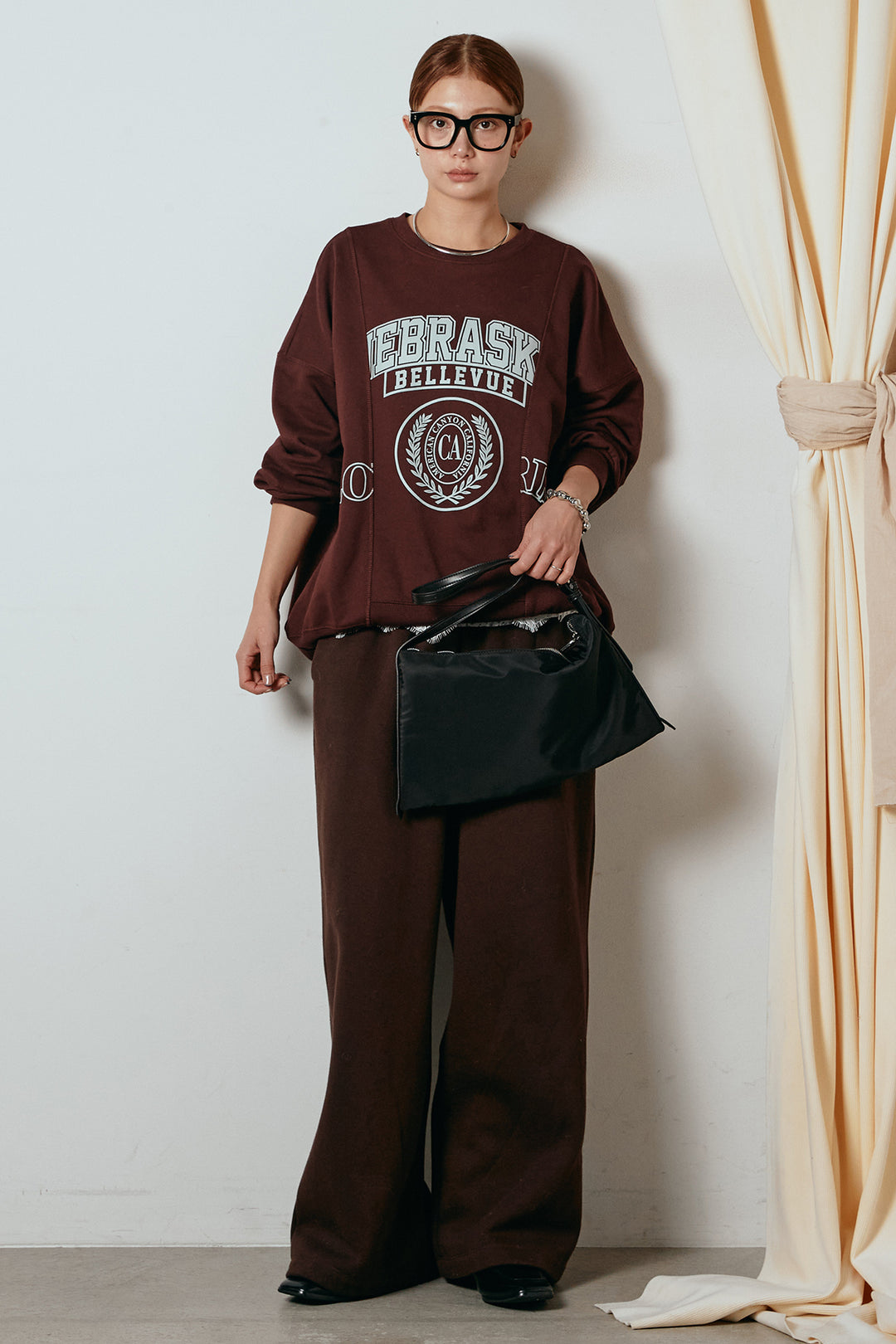 [SET]裏毛カレッジプリントプルオーバー+裏起毛スウェットワイドパンツ(2set)