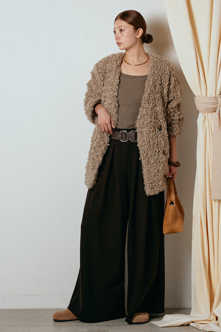 [SET]シープライクファージャケット+フェイクレザー太ベルト付きタックワイドパンツ(2set)