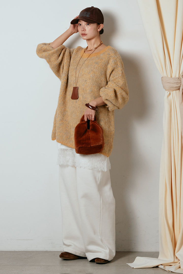 [SET]ボリュームスリーブミックスニットトップス+裏起毛スウェットワイドパンツ+レース切り替えキャミソール(3set)