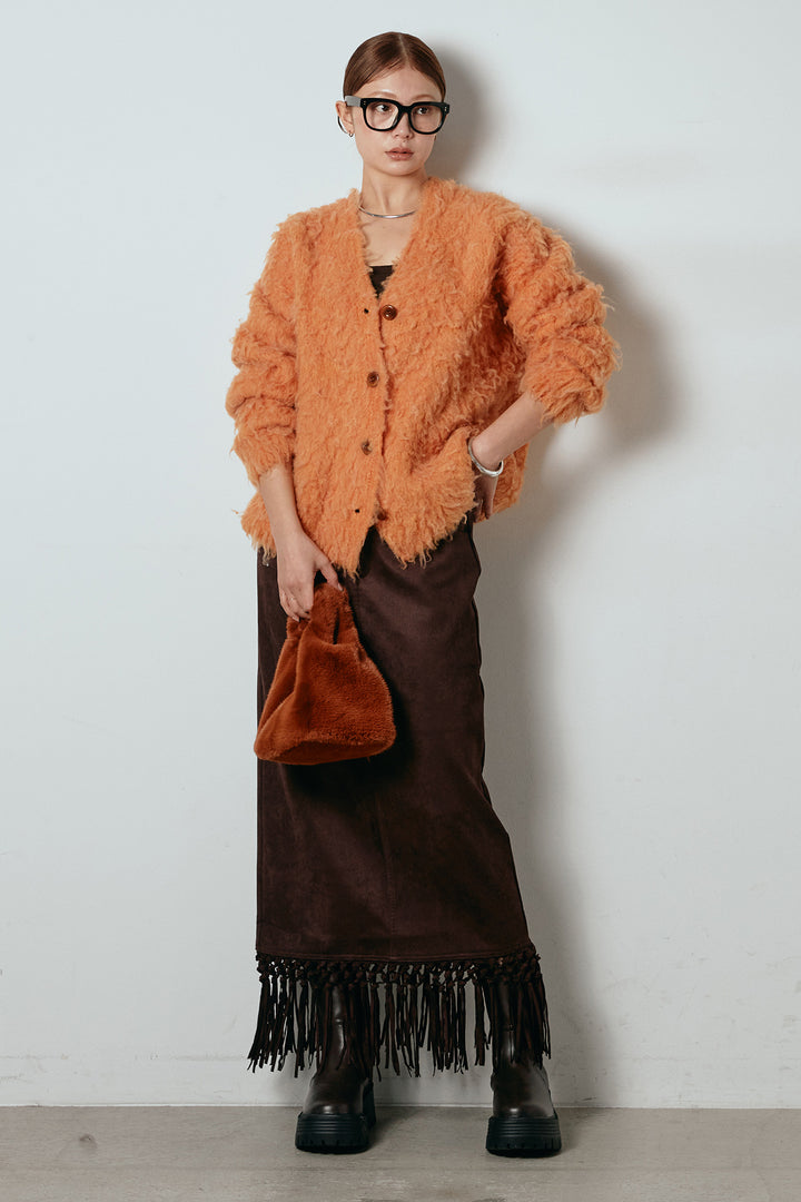 [SET]ルーズシャギーニットカーディガン+スウェードライク裾フリンジスカート(2set)