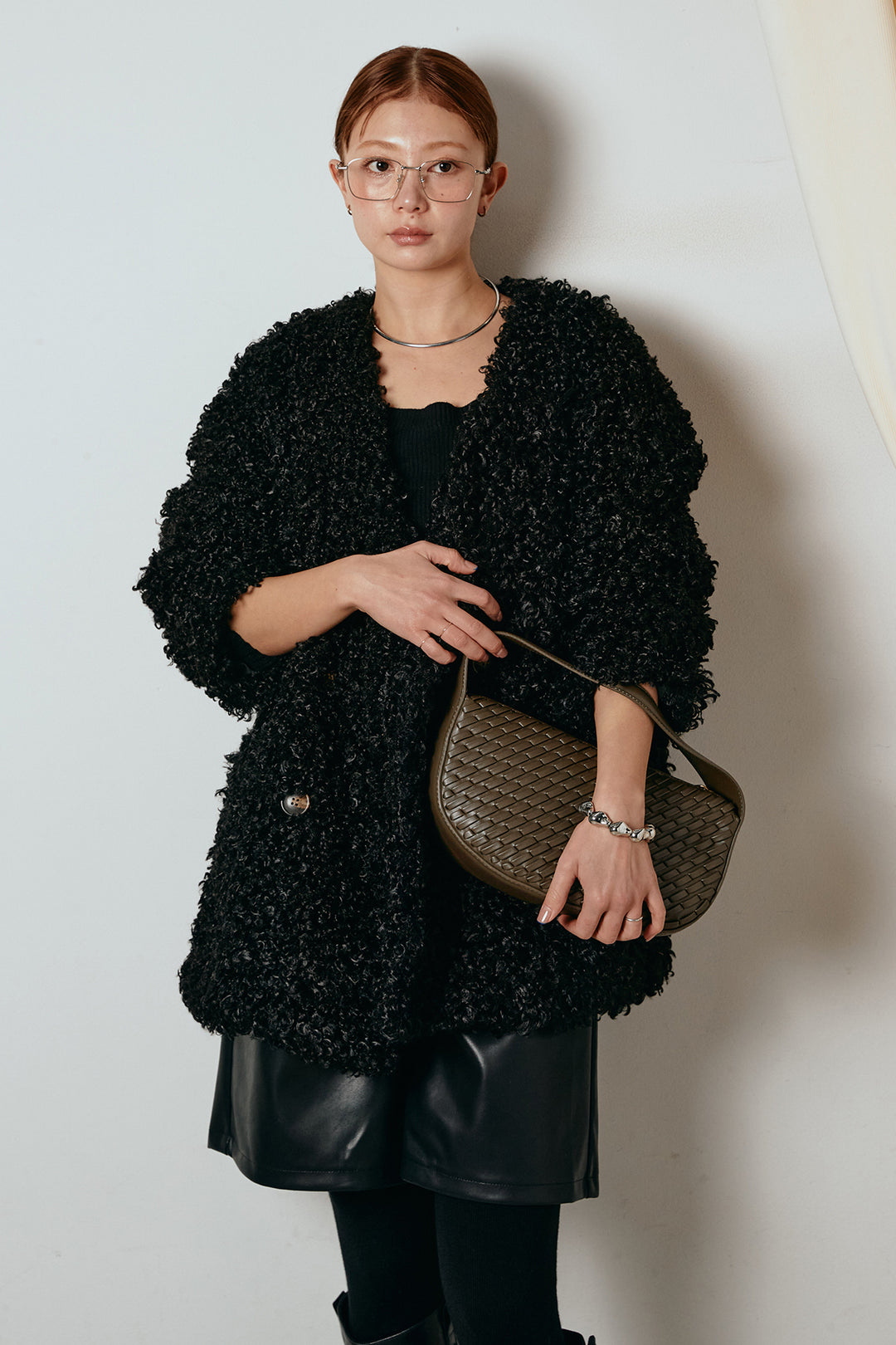 [SET]シープライクファージャケット+ストレッチエコレザーバミューダパンツ(2set)