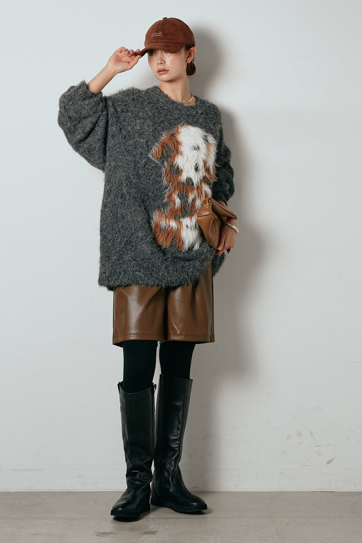 [SET]シャギーニュアンスアニマルニット+ストレッチエコレザーバミューダパンツ(2set)