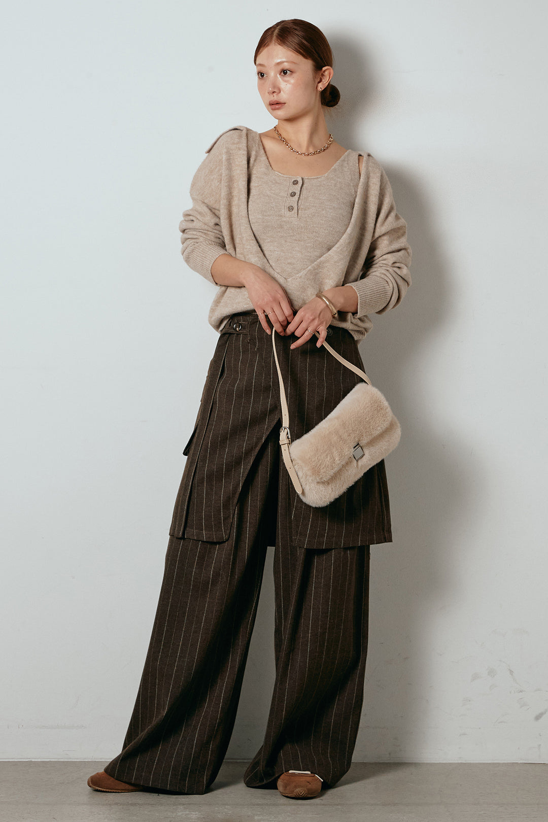 [SET]襟付きレイヤードニットトップス+細ストライプレイヤードデザインパンツ(2set)