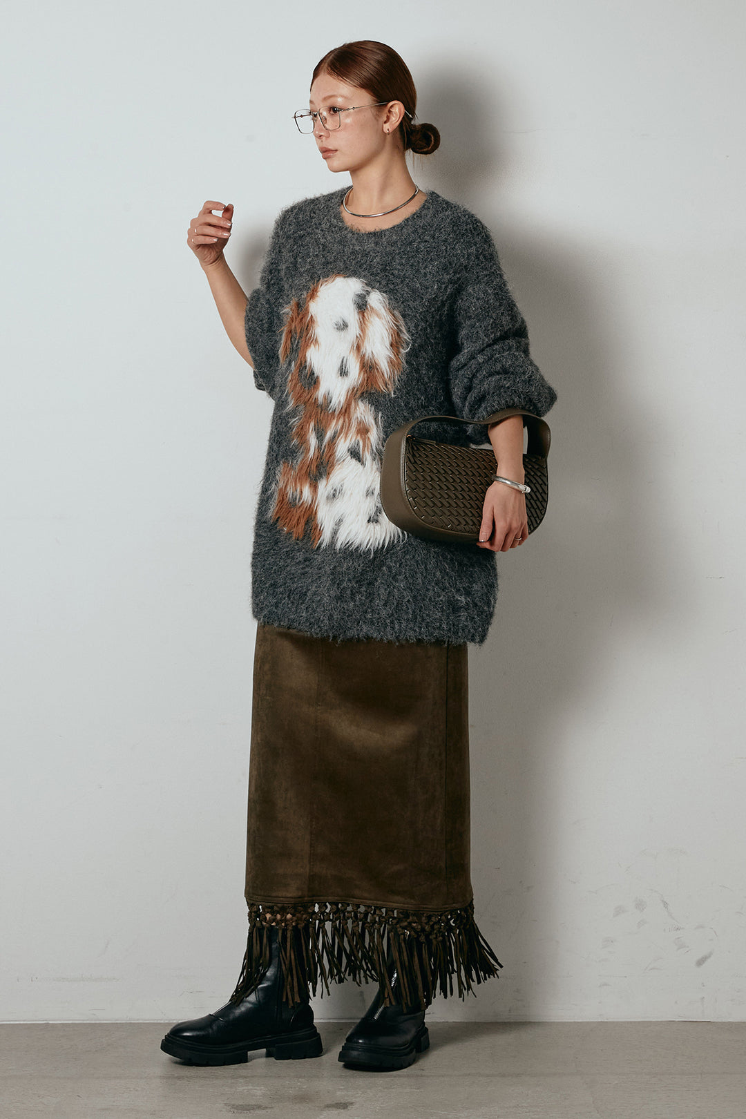 [SET]シャギーニュアンスアニマルニット+スウェードライク裾フリンジスカート(2set)