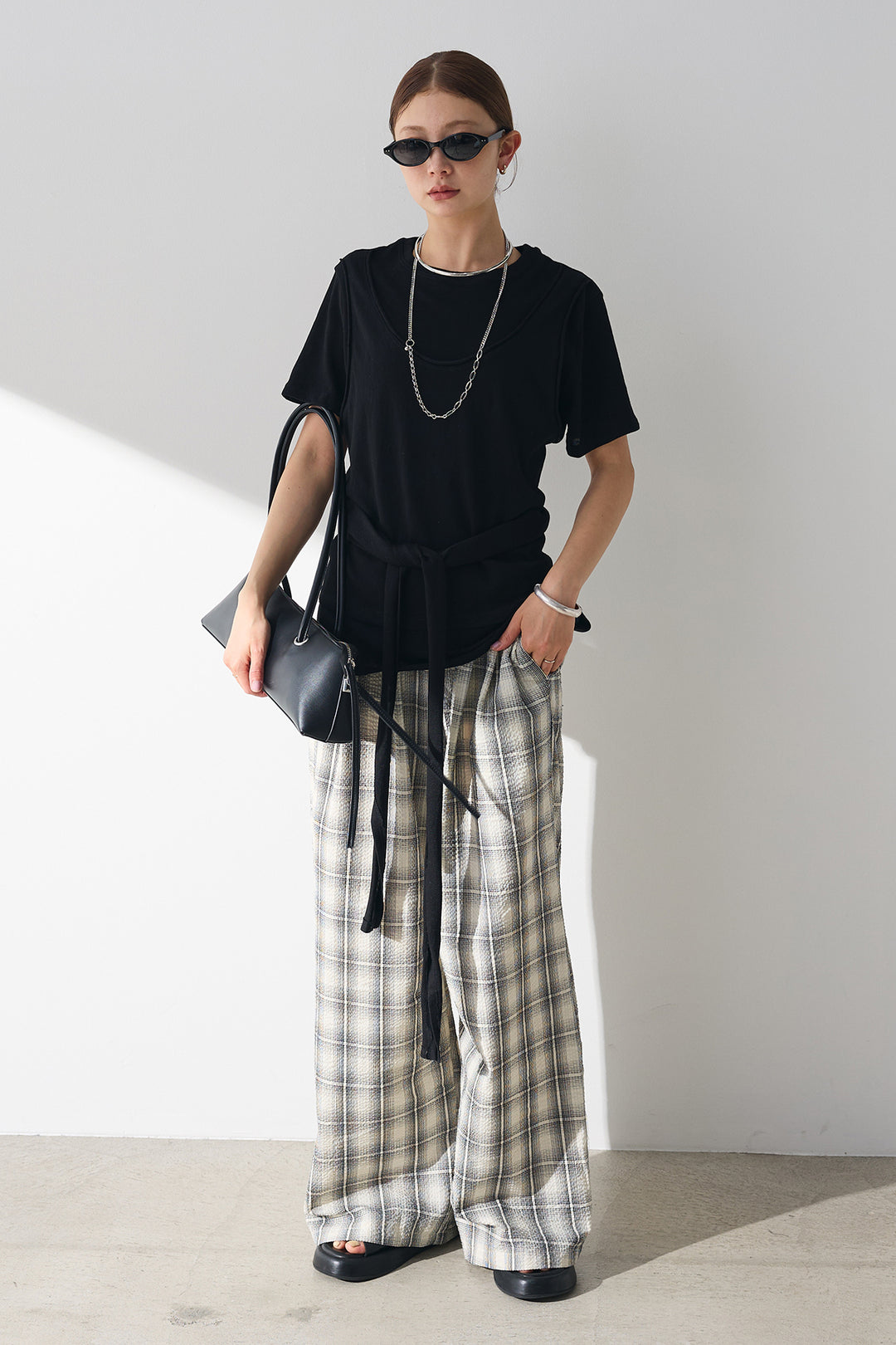 [SET]フロントタイTシャツ+タータンチェックワイドパンツ(2set)