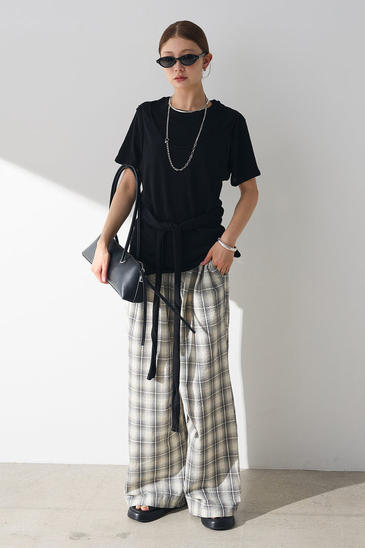 [SET]フロントタイTシャツ+タータンチェックワイドパンツ(2set)